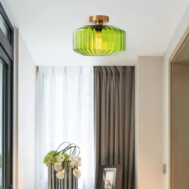 Alt view image 4 of 7 - Flush Mount Ceiling Light 1-Light Globe Glass Ceiling Lamp with Green Stripe Glass Shade Mid Century Vintage Close to Ceiling Light Fixture for Hallway Bedroom Dining Room Stairway
