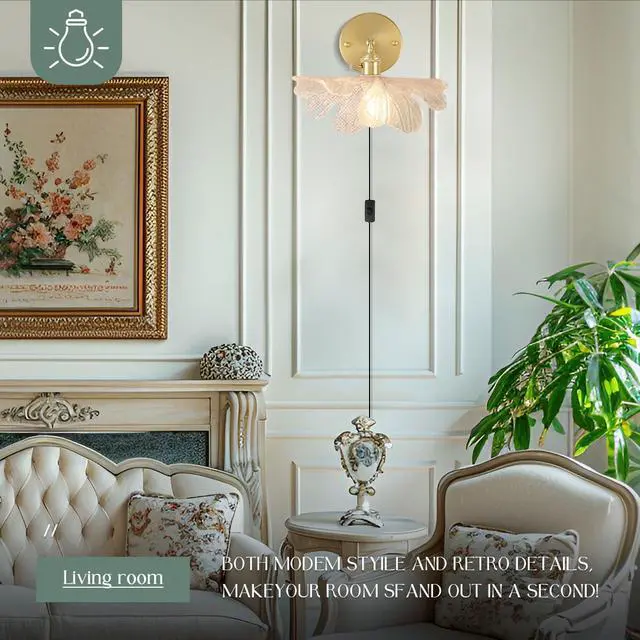 Alt view image 4 of 7 - Vintage Plug in Wall Sconces Plug in Hardwired Wall Sconces - Luxury Flower Glass Shade Clear Glass Wall Light with Switch Brass Gold Sconce Lighting Plug in Cord for Bedside Bedroom