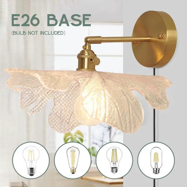 Alt view image 5 of 7 - Vintage Plug in Wall Sconces Plug in Hardwired Wall Sconces - Luxury Flower Glass Shade Clear Glass Wall Light with Switch Brass Gold Sconce Lighting Plug in Cord for Bedside Bedroom
