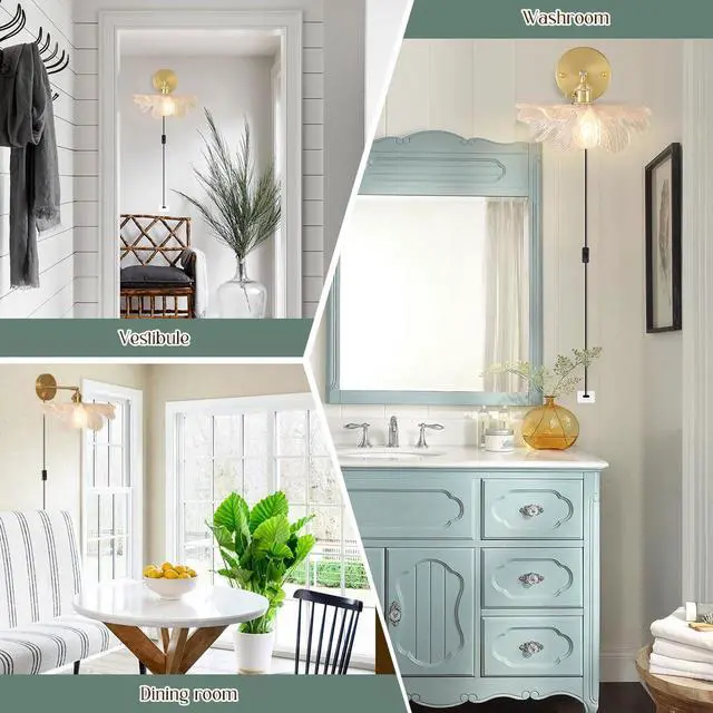 Alt view image 6 of 7 - Vintage Plug in Wall Sconces Plug in Hardwired Wall Sconces - Luxury Flower Glass Shade Clear Glass Wall Light with Switch Brass Gold Sconce Lighting Plug in Cord for Bedside Bedroom