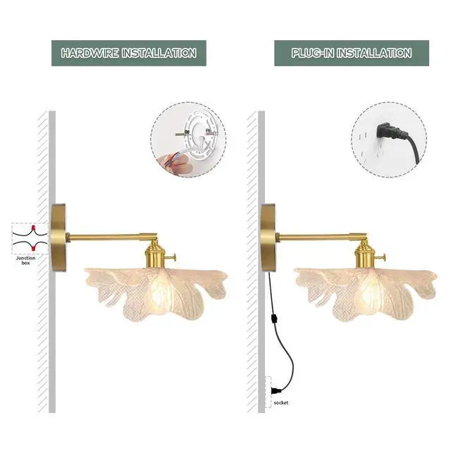 Alt view image 7 of 7 - Vintage Plug in Wall Sconces Plug in Hardwired Wall Sconces - Luxury Flower Glass Shade Clear Glass Wall Light with Switch Brass Gold Sconce Lighting Plug in Cord for Bedside Bedroom