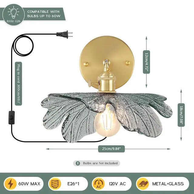 Alt view image 2 of 7 - Plug in Wall Sconce Flower Vintage Glass Wall Light with Dark Green Flower Shade On/Off Switch Gold Brass Mid Century Modern Wall Light Plug in Cord for Bedside Bedroom Doorway