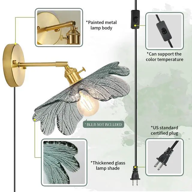 Alt view image 3 of 7 - Plug in Wall Sconce Flower Vintage Glass Wall Light with Dark Green Flower Shade On/Off Switch Gold Brass Mid Century Modern Wall Light Plug in Cord for Bedside Bedroom Doorway