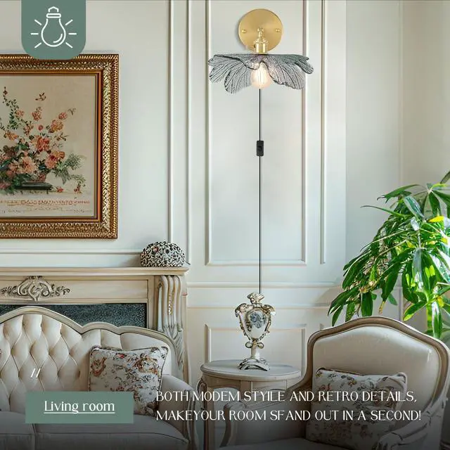 Alt view image 4 of 7 - Plug in Wall Sconce Flower Vintage Glass Wall Light with Dark Green Flower Shade On/Off Switch Gold Brass Mid Century Modern Wall Light Plug in Cord for Bedside Bedroom Doorway