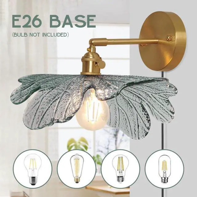 Alt view image 6 of 7 - Plug in Wall Sconce Flower Vintage Glass Wall Light with Dark Green Flower Shade On/Off Switch Gold Brass Mid Century Modern Wall Light Plug in Cord for Bedside Bedroom Doorway