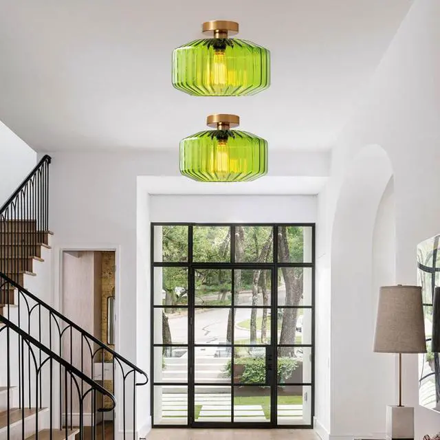 Alt view image 5 of 7 - Flush Mount Ceiling Light 1-Light Globe Glass Ceiling Lamp with Green Stripe Glass Shade Mid Century Vintage Close to Ceiling Light Fixture for Hallway Bedroom Dining Room Stairway