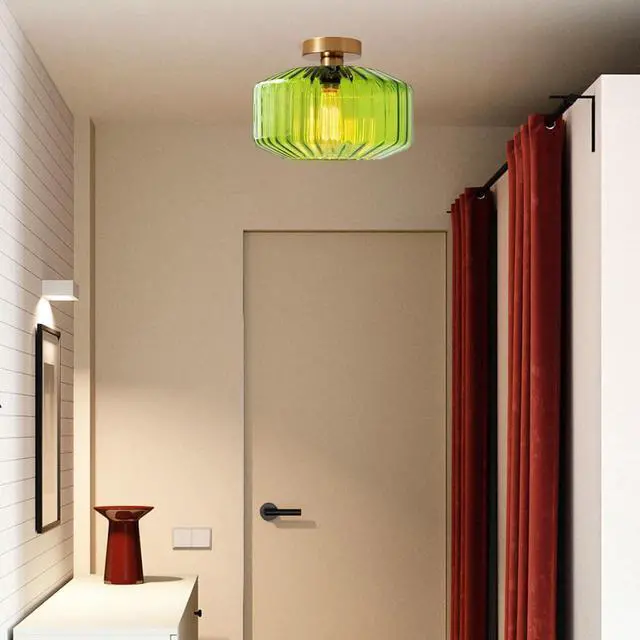 Alt view image 6 of 7 - Flush Mount Ceiling Light 1-Light Globe Glass Ceiling Lamp with Green Stripe Glass Shade Mid Century Vintage Close to Ceiling Light Fixture for Hallway Bedroom Dining Room Stairway