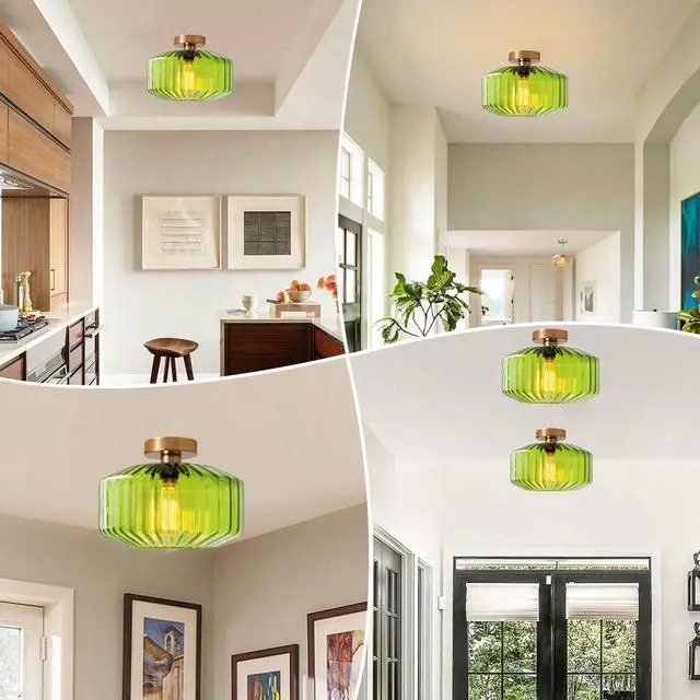 Alt view image 7 of 7 - Flush Mount Ceiling Light 1-Light Globe Glass Ceiling Lamp with Green Stripe Glass Shade Mid Century Vintage Close to Ceiling Light Fixture for Hallway Bedroom Dining Room Stairway