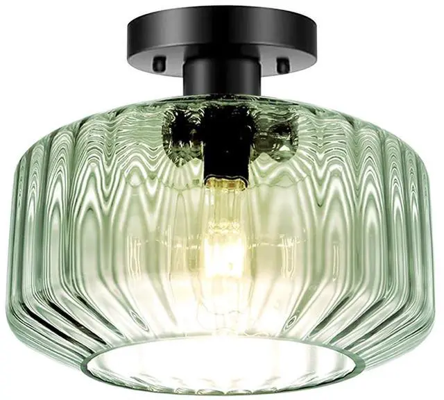 Main image of Mid Century Ceiling Light Fixture Modern Large Glass Close to Ceiling Lighting with Striped Globe Shade Light Green Flush Mount Lights Black Finish Overhead Lamp for Bedroom Hallway