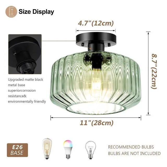 Alt view image 2 of 7 - Mid Century Ceiling Light Fixture Modern Large Glass Close to Ceiling Lighting with Striped Globe Shade Light Green Flush Mount Lights Black Finish Overhead Lamp for Bedroom Hallway