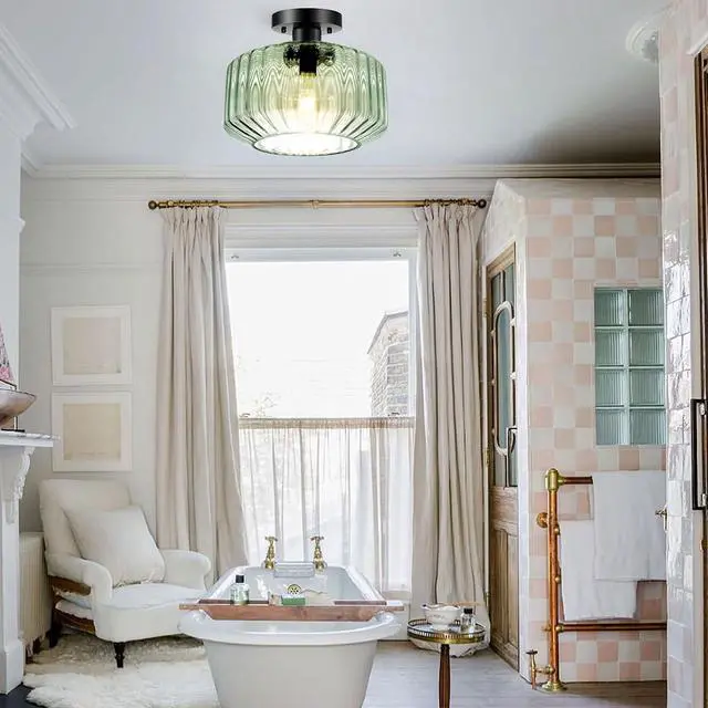Alt view image 5 of 7 - Mid Century Ceiling Light Fixture Modern Large Glass Close to Ceiling Lighting with Striped Globe Shade Light Green Flush Mount Lights Black Finish Overhead Lamp for Bedroom Hallway
