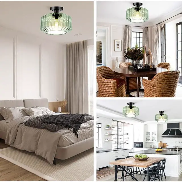 Alt view image 3 of 7 - Mid Century Ceiling Light Fixture Modern Large Glass Close to Ceiling Lighting with Striped Globe Shade Light Green Flush Mount Lights Black Finish Overhead Lamp for Bedroom Hallway