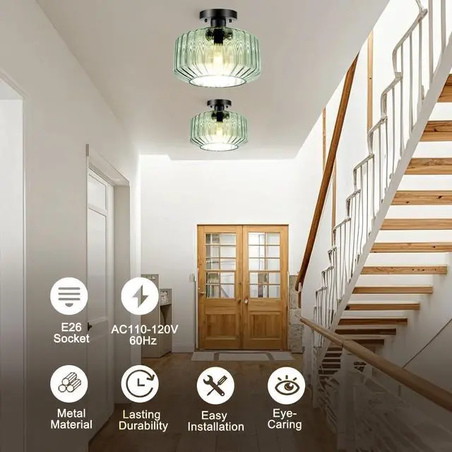 Alt view image 6 of 7 - Mid Century Ceiling Light Fixture Modern Large Glass Close to Ceiling Lighting with Striped Globe Shade Light Green Flush Mount Lights Black Finish Overhead Lamp for Bedroom Hallway