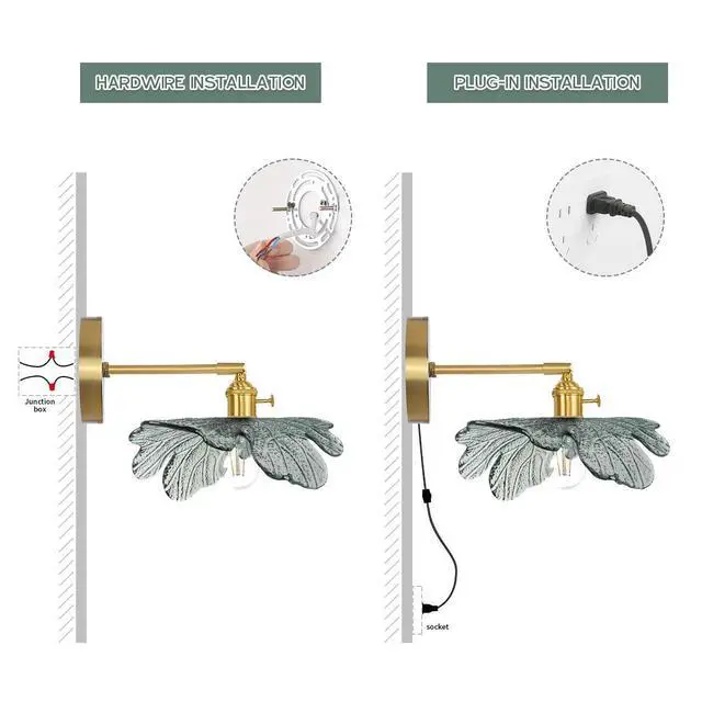 Alt view image 7 of 7 - Plug in Wall Sconce Flower Vintage Glass Wall Light with Dark Green Flower Shade On/Off Switch Gold Brass Mid Century Modern Wall Light Plug in Cord for Bedside Bedroom Doorway