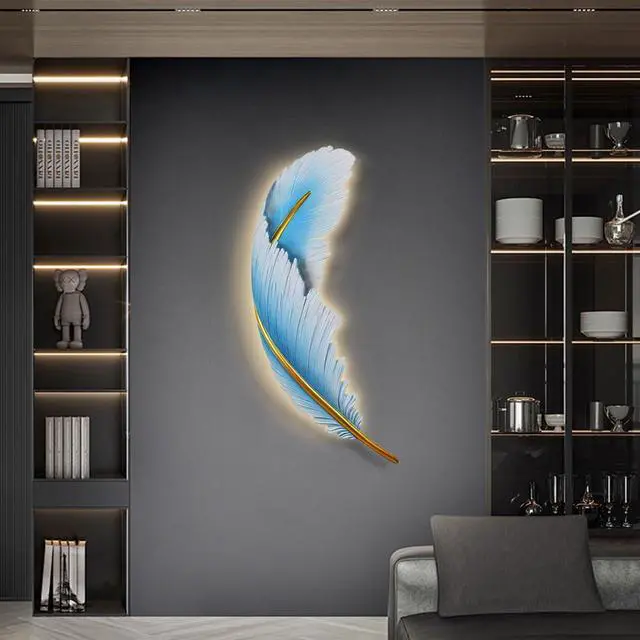 Alt view image 6 of 7 - LED Wall Lamp Dimmable Wall Sconce Lights Fixtures Blue Feather Sconce Light 3000K-6000K Modern Feather Lamp Elegant Wall Mount Lamp Resin Deco Lighting for Bedroom Living Dining Room