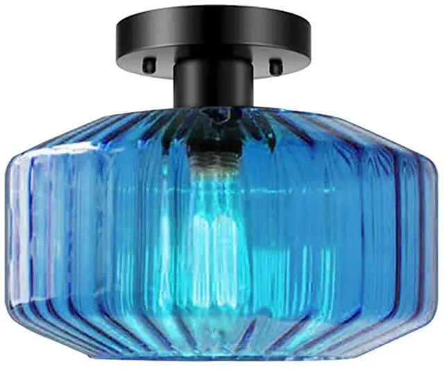 Main image of Large Glass Ceiling Light fixtures Mid Century Flush Mount Light Blue Striped Shade Design Modern Glass Ceiling lamp Globe Close to Ceiling Light for Bedroom Dining Room Hallway