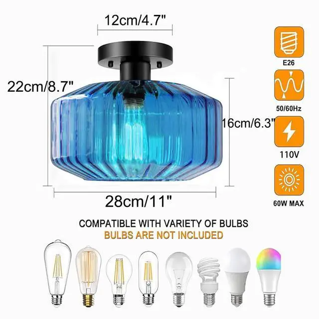 Alt view image 2 of 7 - Large Glass Ceiling Light fixtures Mid Century Flush Mount Light Blue Striped Shade Design Modern Glass Ceiling lamp Globe Close to Ceiling Light for Bedroom Dining Room Hallway