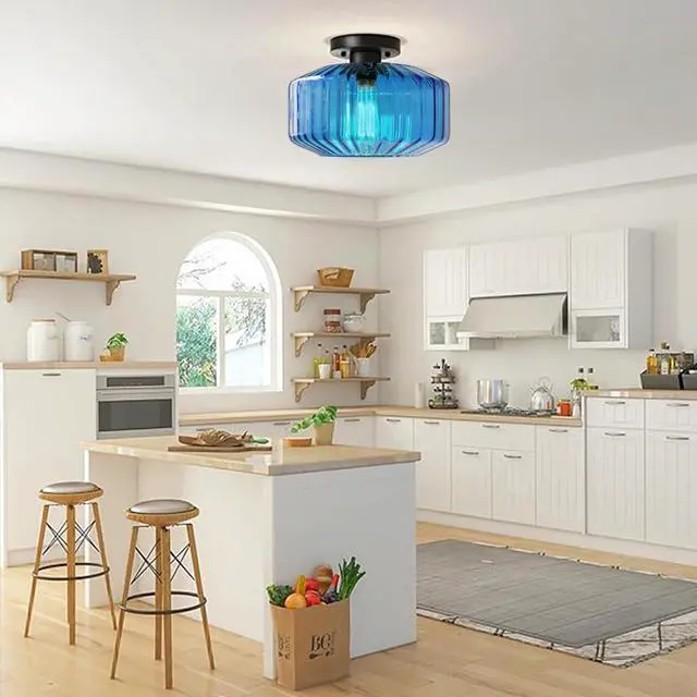 Alt view image 4 of 7 - Large Glass Ceiling Light fixtures Mid Century Flush Mount Light Blue Striped Shade Design Modern Glass Ceiling lamp Globe Close to Ceiling Light for Bedroom Dining Room Hallway