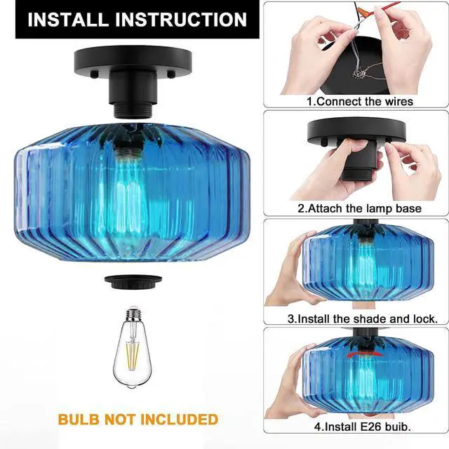 Alt view image 3 of 7 - Large Glass Ceiling Light fixtures Mid Century Flush Mount Light Blue Striped Shade Design Modern Glass Ceiling lamp Globe Close to Ceiling Light for Bedroom Dining Room Hallway