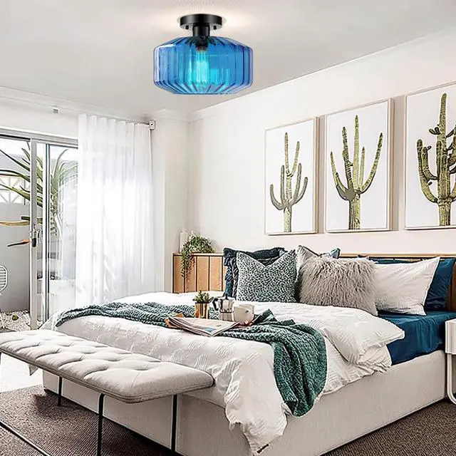 Alt view image 5 of 7 - Large Glass Ceiling Light fixtures Mid Century Flush Mount Light Blue Striped Shade Design Modern Glass Ceiling lamp Globe Close to Ceiling Light for Bedroom Dining Room Hallway