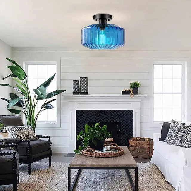 Alt view image 6 of 7 - Large Glass Ceiling Light fixtures Mid Century Flush Mount Light Blue Striped Shade Design Modern Glass Ceiling lamp Globe Close to Ceiling Light for Bedroom Dining Room Hallway