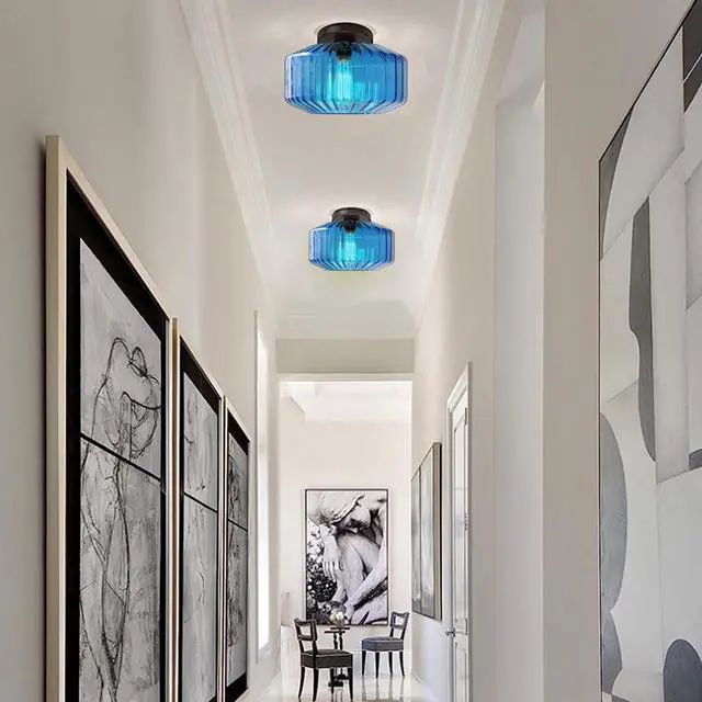 Alt view image 7 of 7 - Large Glass Ceiling Light fixtures Mid Century Flush Mount Light Blue Striped Shade Design Modern Glass Ceiling lamp Globe Close to Ceiling Light for Bedroom Dining Room Hallway