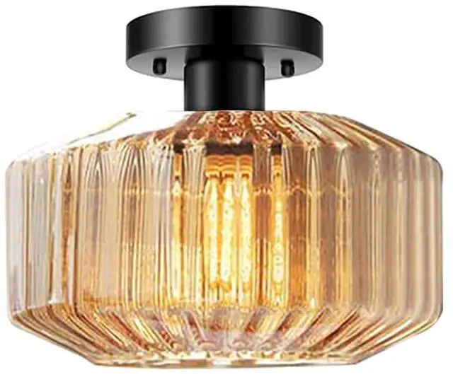 Main image of Vintage Glass Ceiling Light Mid Century Flush Mount Ceiling Lights Amber Striped Glass Shade Black Semi Flush Mount Ceiling Light Globe Light Fixture Bedroom Dining Room Hallway (Amber)