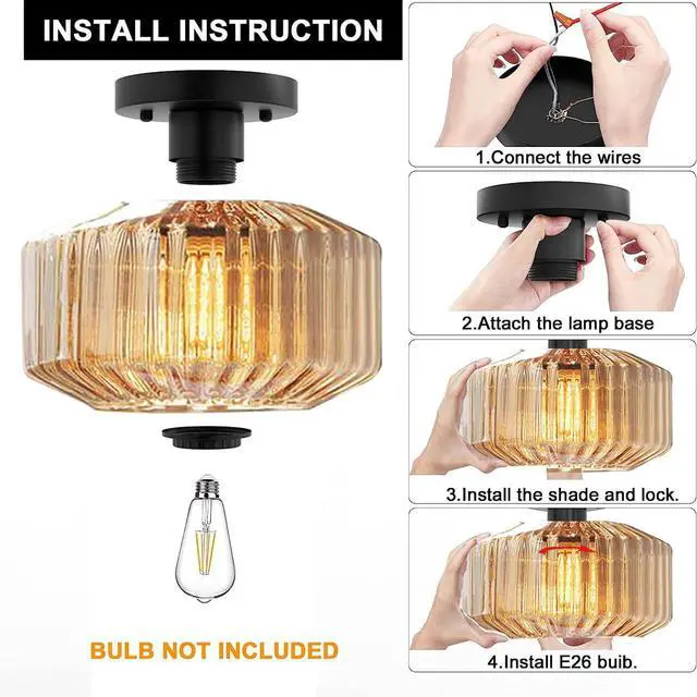 Alt view image 3 of 7 - Vintage Glass Ceiling Light Mid Century Flush Mount Ceiling Lights Amber Striped Glass Shade Black Semi Flush Mount Ceiling Light Globe Light Fixture Bedroom Dining Room Hallway (Amber)