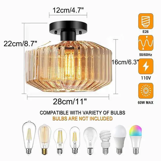 Alt view image 2 of 7 - Vintage Glass Ceiling Light Mid Century Flush Mount Ceiling Lights Amber Striped Glass Shade Black Semi Flush Mount Ceiling Light Globe Light Fixture Bedroom Dining Room Hallway (Amber)