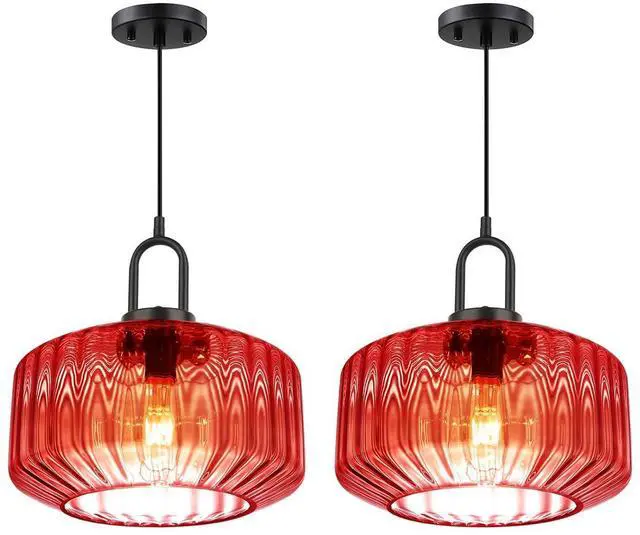 Main image of Mid Century Modern Pendant Lights Red Glass Hanging Ceiling Light | 11" Large Striped Glass Globe Shade,59.1" Adjustable Cord Fixture,Black Finish,E26 Base,Table Bar,Dining room,Kitchen Island