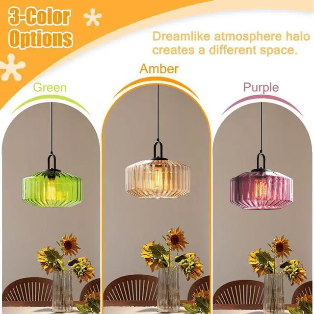 Alt view image 7 of 7 - Large Glass Pendant Light, Amber Glass Pendant Light Mid Century Modern Ceiling Pendant Light with Amber Striped Glass Globes Shade Hanging Lamp Dining Bedroom Kitchen Farmhouse