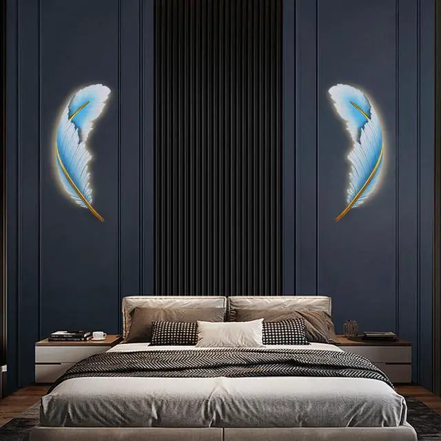 Alt view image 6 of 7 - Modern LED Wall Light Vintage Dimmable Wall Lights Fixtures Mid Century Blue Resin Feather Design 3000k-6000k Indoor Wall Mount Lamp for Bedroom Living Dining Room Hallway