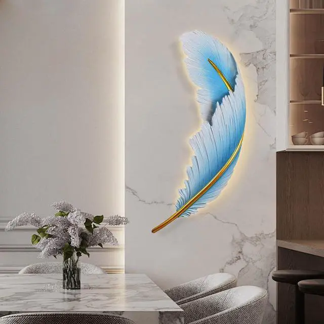 Alt view image 7 of 7 - Modern LED Wall Light Vintage Dimmable Wall Lights Fixtures Mid Century Blue Resin Feather Design 3000k-6000k Indoor Wall Mount Lamp for Bedroom Living Dining Room Hallway