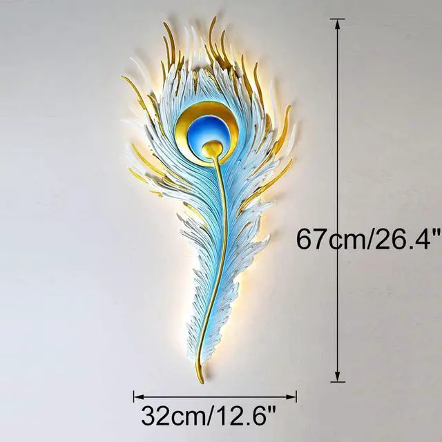 Alt view image 2 of 7 - Feather Wall Lamp LED Dimmable Wall Sconce Lighting with Blue Elegant Peacock Feather Design Vintage Modern Wall Light Fixture for Bedroom Living Dining Room Hallway Deco