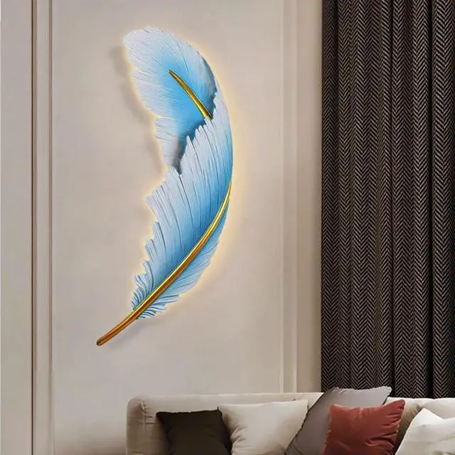 Alt view image 5 of 7 - Modern LED Wall Light Vintage Dimmable Wall Lights Fixtures Mid Century Blue Resin Feather Design 3000k-6000k Indoor Wall Mount Lamp for Bedroom Living Dining Room Hallway