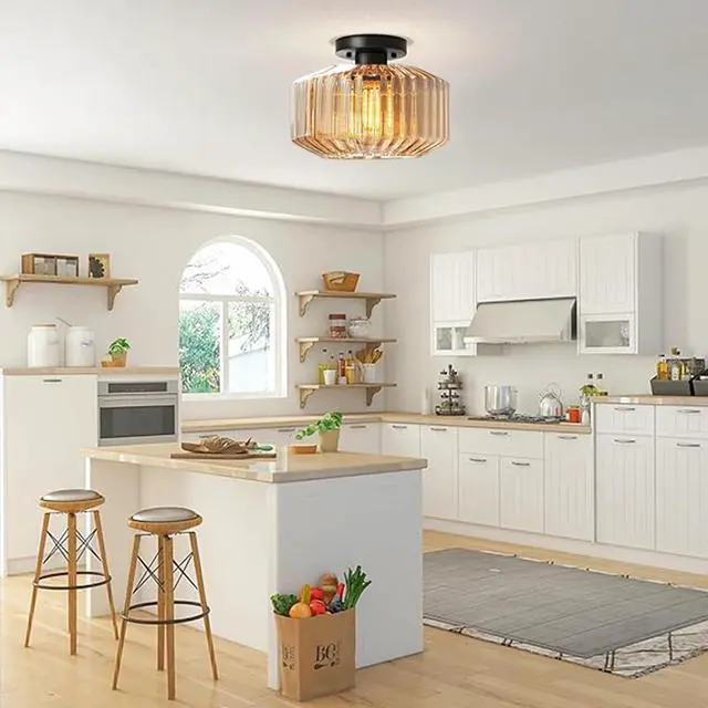 Alt view image 4 of 7 - Vintage Glass Ceiling Light Mid Century Flush Mount Ceiling Lights Amber Striped Glass Shade Black Semi Flush Mount Ceiling Light Globe Light Fixture Bedroom Dining Room Hallway (Amber)