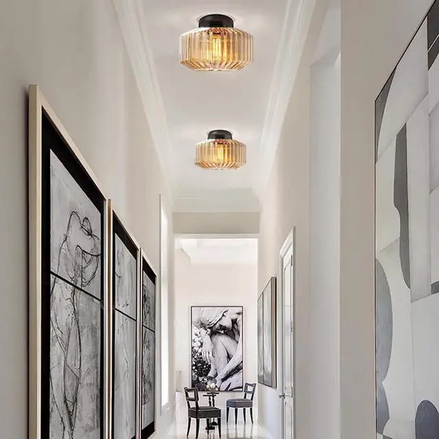 Alt view image 5 of 7 - Vintage Glass Ceiling Light Mid Century Flush Mount Ceiling Lights Amber Striped Glass Shade Black Semi Flush Mount Ceiling Light Globe Light Fixture Bedroom Dining Room Hallway (Amber)