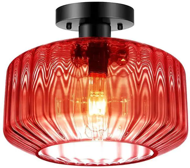 Main image of Vintage Glass Ceiling Light Mid Century Semi Flush Mount Ceiling Light Fixture Red Striped Glass 1-Light Chandelier Antique Black Lighting Fixtures for Dining Room Hallway Bedroom