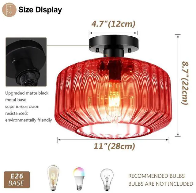 Alt view image 2 of 7 - Vintage Glass Ceiling Light Mid Century Semi Flush Mount Ceiling Light Fixture Red Striped Glass 1-Light Chandelier Antique Black Lighting Fixtures for Dining Room Hallway Bedroom