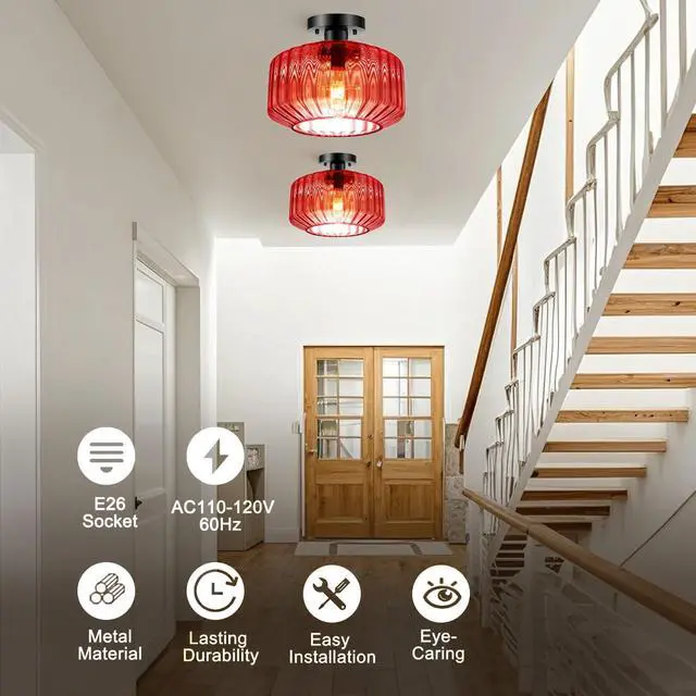 Alt view image 3 of 7 - Vintage Glass Ceiling Light Mid Century Semi Flush Mount Ceiling Light Fixture Red Striped Glass 1-Light Chandelier Antique Black Lighting Fixtures for Dining Room Hallway Bedroom