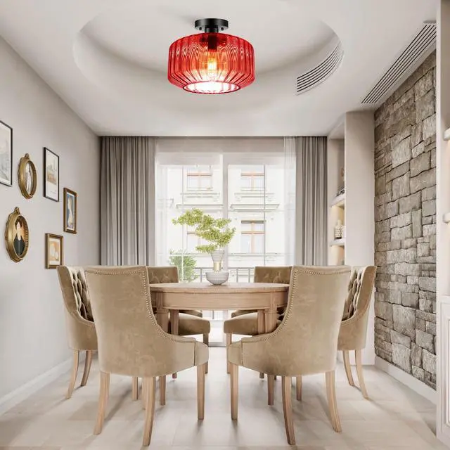 Alt view image 4 of 7 - Vintage Glass Ceiling Light Mid Century Semi Flush Mount Ceiling Light Fixture Red Striped Glass 1-Light Chandelier Antique Black Lighting Fixtures for Dining Room Hallway Bedroom