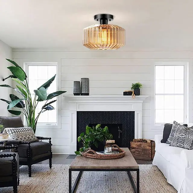 Alt view image 7 of 7 - Vintage Glass Ceiling Light Mid Century Flush Mount Ceiling Lights Amber Striped Glass Shade Black Semi Flush Mount Ceiling Light Globe Light Fixture Bedroom Dining Room Hallway (Amber)