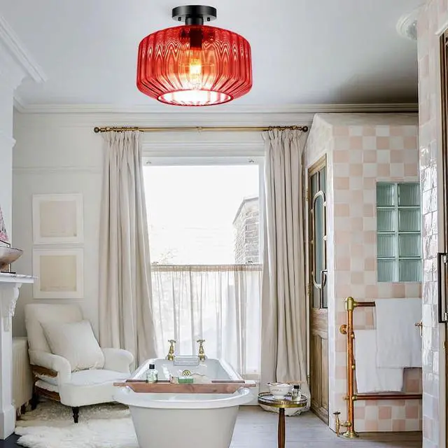 Alt view image 5 of 7 - Vintage Glass Ceiling Light Mid Century Semi Flush Mount Ceiling Light Fixture Red Striped Glass 1-Light Chandelier Antique Black Lighting Fixtures for Dining Room Hallway Bedroom