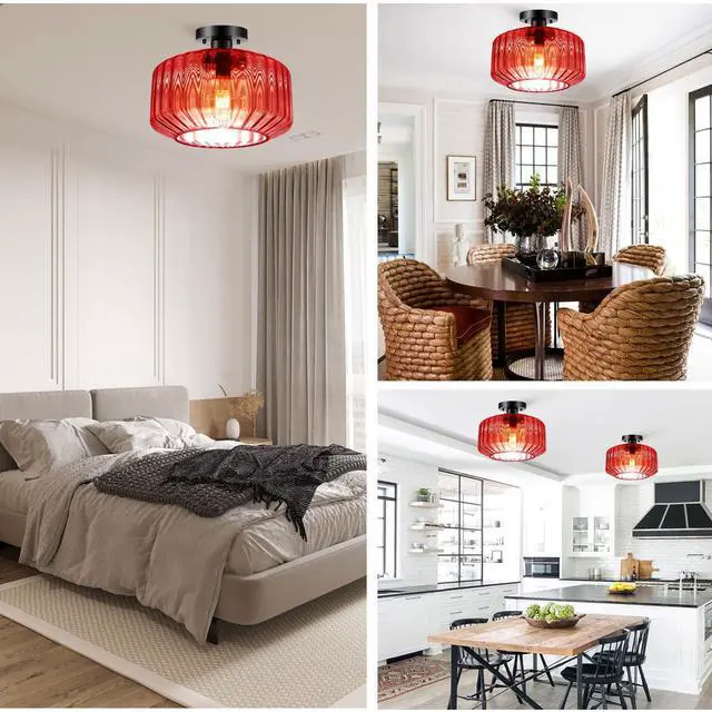 Alt view image 6 of 7 - Vintage Glass Ceiling Light Mid Century Semi Flush Mount Ceiling Light Fixture Red Striped Glass 1-Light Chandelier Antique Black Lighting Fixtures for Dining Room Hallway Bedroom