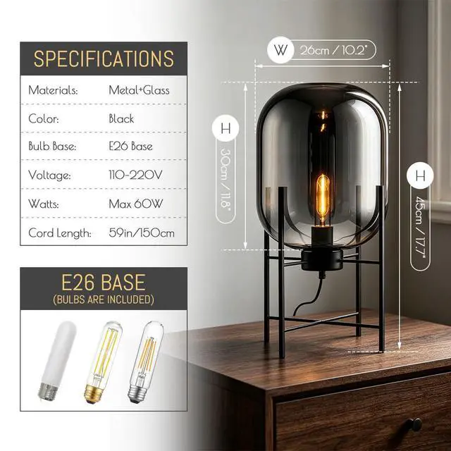 Alt view image 2 of 7 - Black Table lamp Glass Globe Table Lamps Mid Century Modern Table Light with Smoked Gray Glass Shade Metal Base Vintage Desk Lamp Nightstand Lamp for end Table Bedside Bedroom