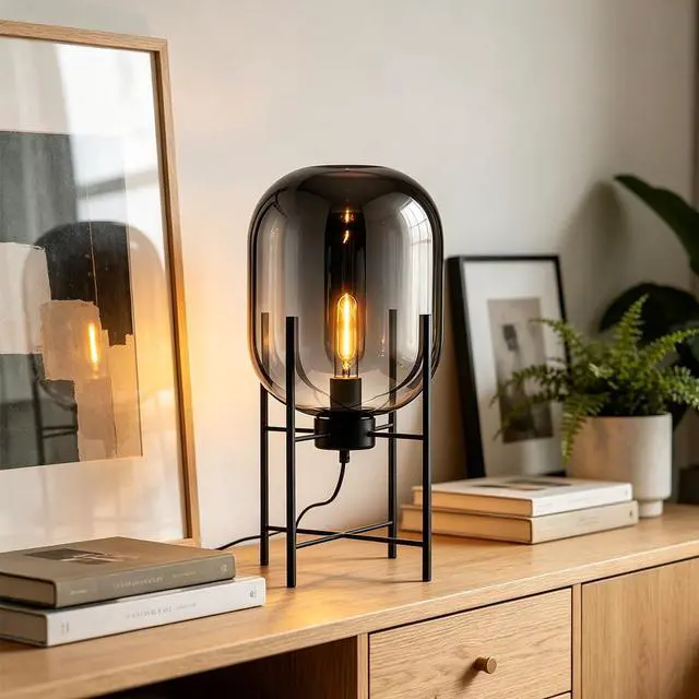 Alt view image 4 of 7 - Black Table lamp Glass Globe Table Lamps Mid Century Modern Table Light with Smoked Gray Glass Shade Metal Base Vintage Desk Lamp Nightstand Lamp for end Table Bedside Bedroom