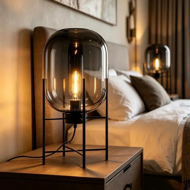 Alt view image 5 of 7 - Black Table lamp Glass Globe Table Lamps Mid Century Modern Table Light with Smoked Gray Glass Shade Metal Base Vintage Desk Lamp Nightstand Lamp for end Table Bedside Bedroom