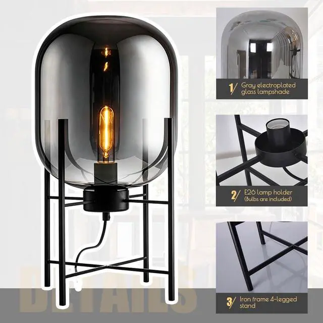 Alt view image 3 of 7 - Black Table lamp Glass Globe Table Lamps Mid Century Modern Table Light with Smoked Gray Glass Shade Metal Base Vintage Desk Lamp Nightstand Lamp for end Table Bedside Bedroom