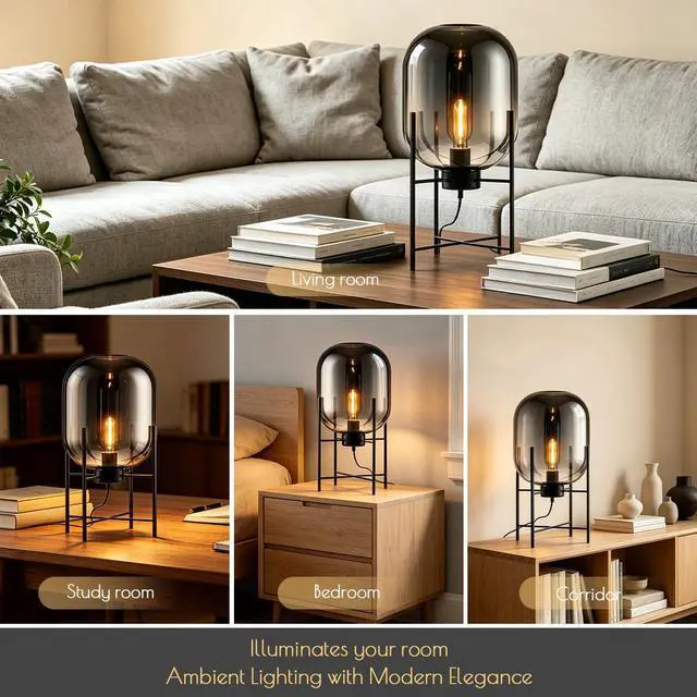Alt view image 6 of 7 - Black Table lamp Glass Globe Table Lamps Mid Century Modern Table Light with Smoked Gray Glass Shade Metal Base Vintage Desk Lamp Nightstand Lamp for end Table Bedside Bedroom