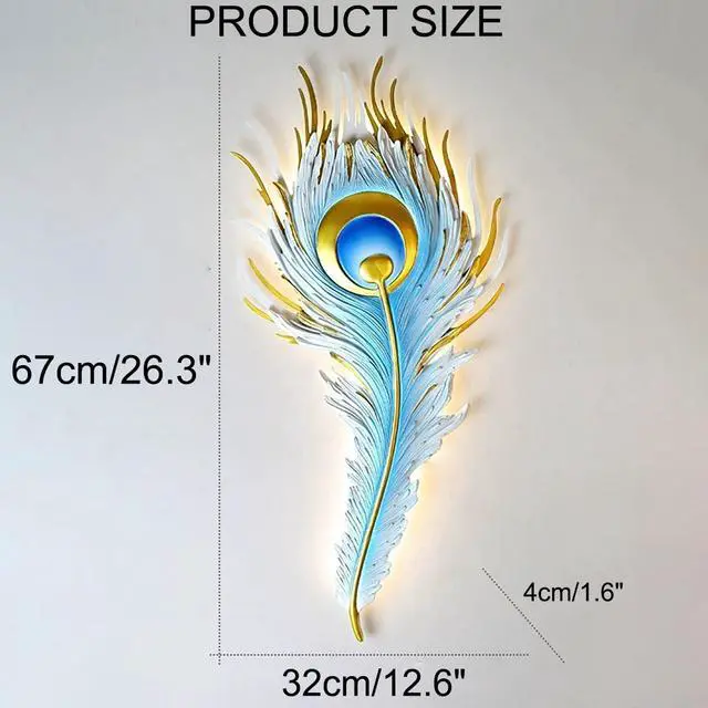 Alt view image 2 of 7 - Unique Wall Sconce Feather Wall Lamp LED Dimmable Wall Sconce Lighting Blue Elegant Peacock Feather Design Creative Wall Light Fixtures for Bedroom Living Dining Room Hallway Deco
